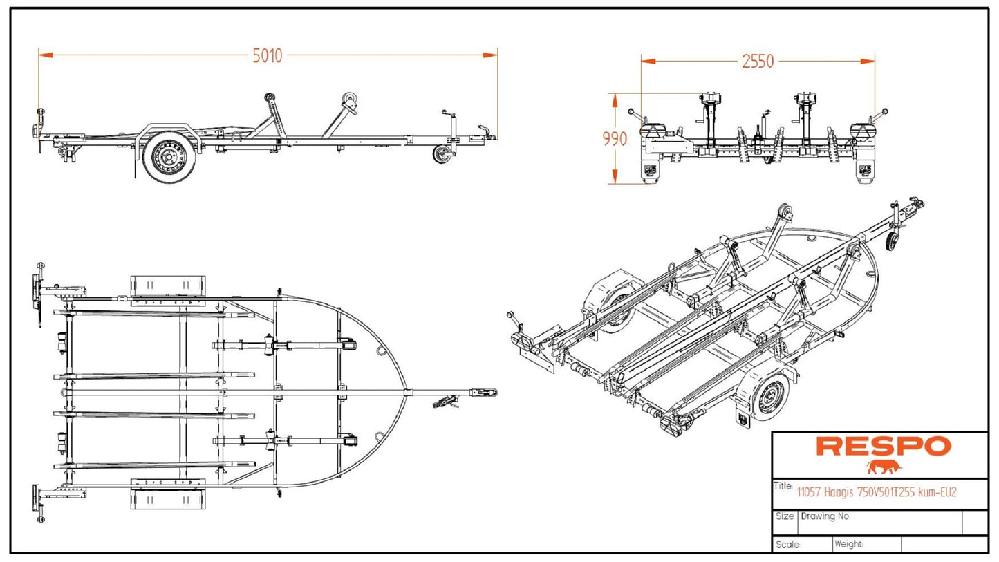Respo dobbel Vannscooterhenger 750VSD lagring på filtskinner, med båtlengde opp til 13 ft / 4m