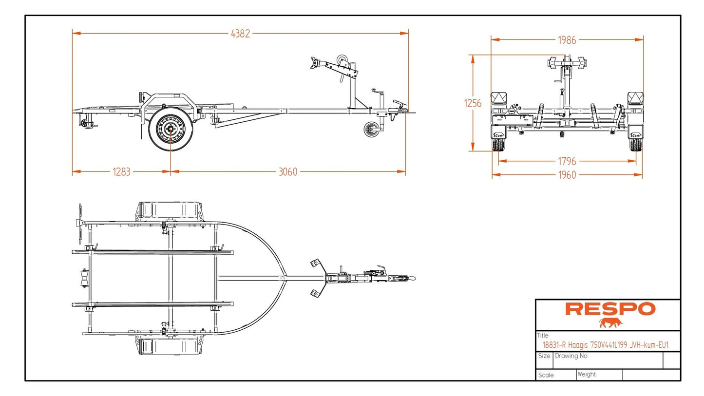 Respo båthenger 750VSL XL lagring på filtskinner, med båtlengde opp til 13 ft / 4m