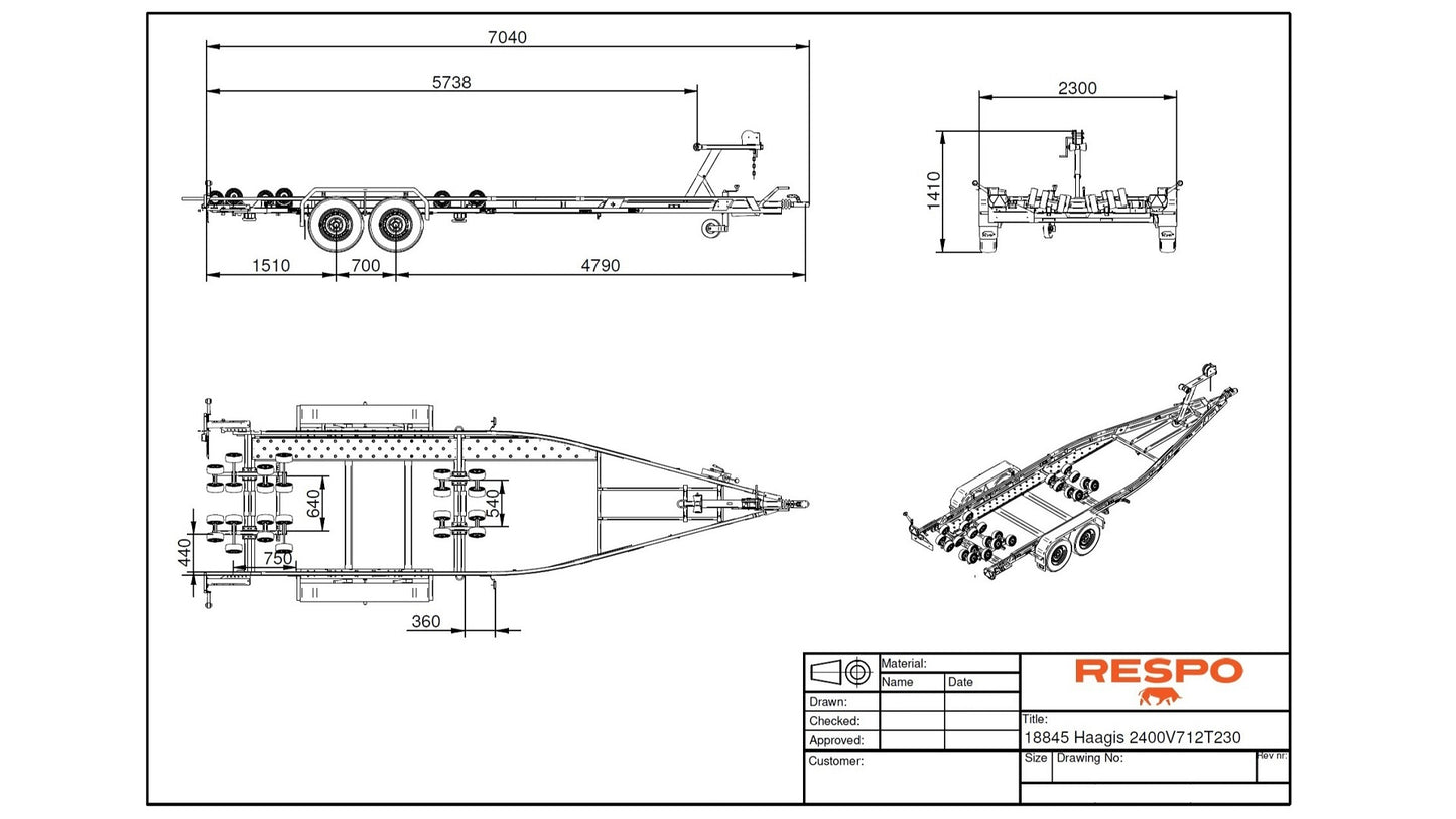 Respo 2400 MR Båthenger med selv justerende ruller, for båter opp til 25ft / 6,7m