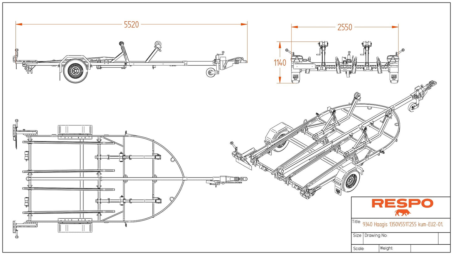 Respo Dobbel Vannscooterhenger 1350VSD lagring på filtskinner, med båtlengde opp til 13 ft / 4m