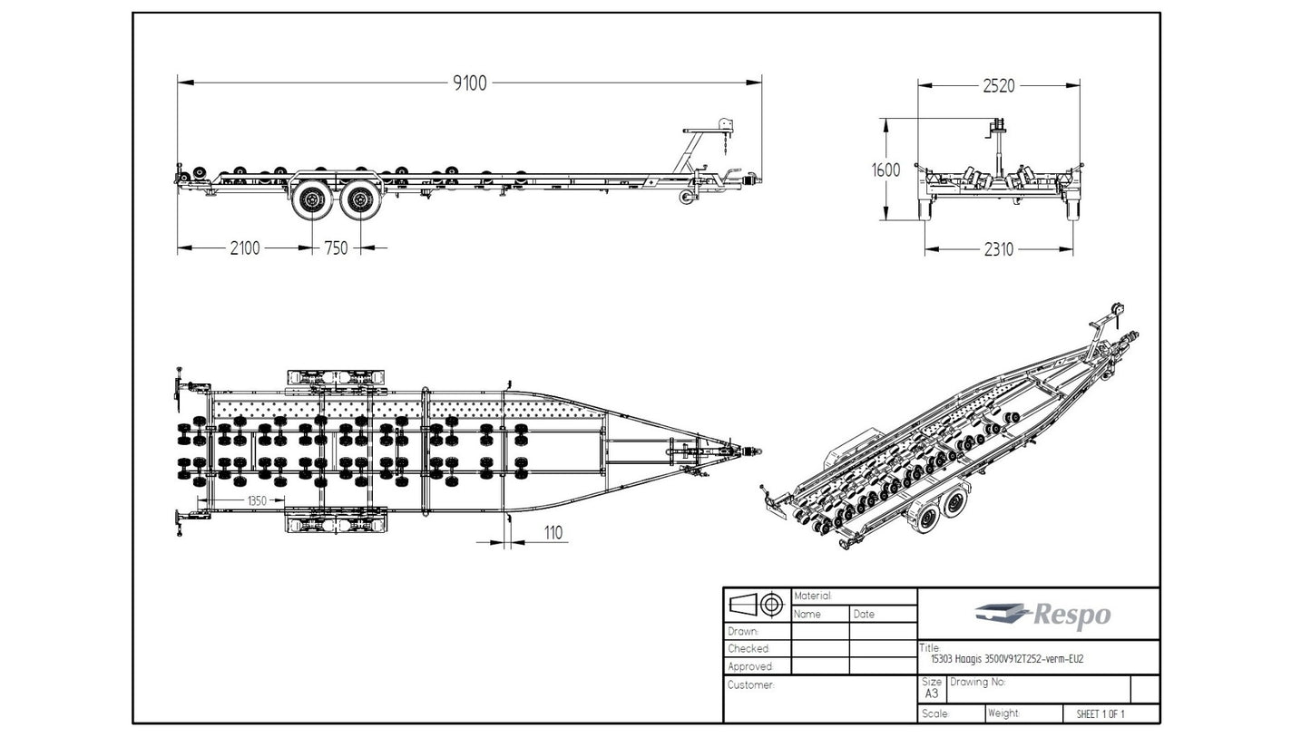 Båthenger Respo 3500 MR L med selv justerende ruller, for båter opp til 29ft / 8,9m